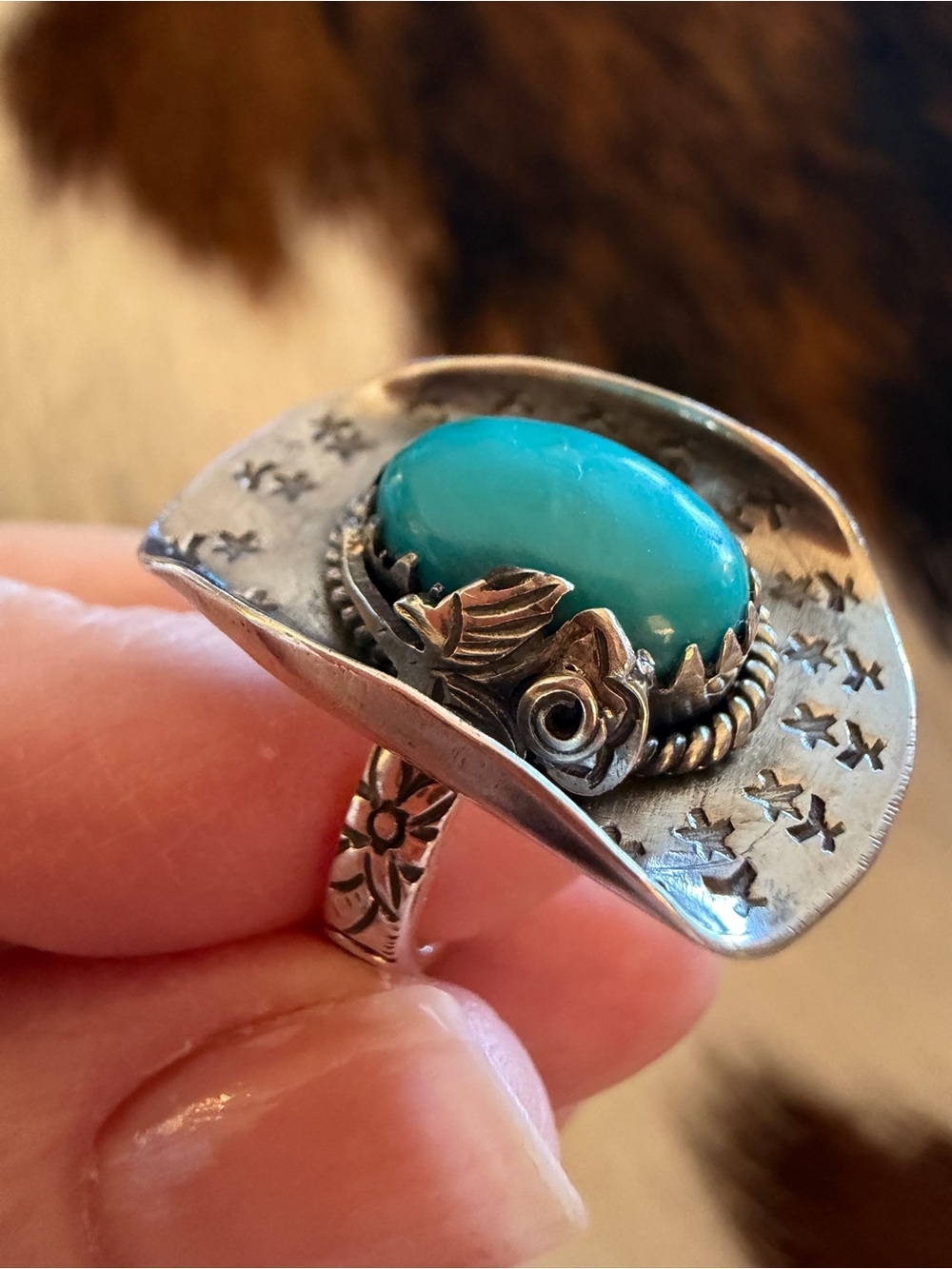 ❤️ Kingman Turquoise Cowgirl Cowboy Hat Hand Stamped Sterling 925 Ring Sz 6.25